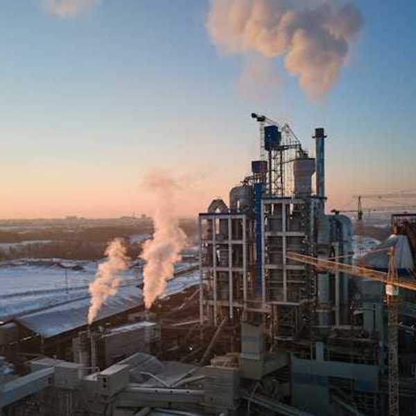 A view of an industrial plant emitting pollution into the sky