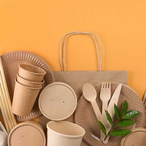 A view of cardboard and other sustainable food containers against an orange background