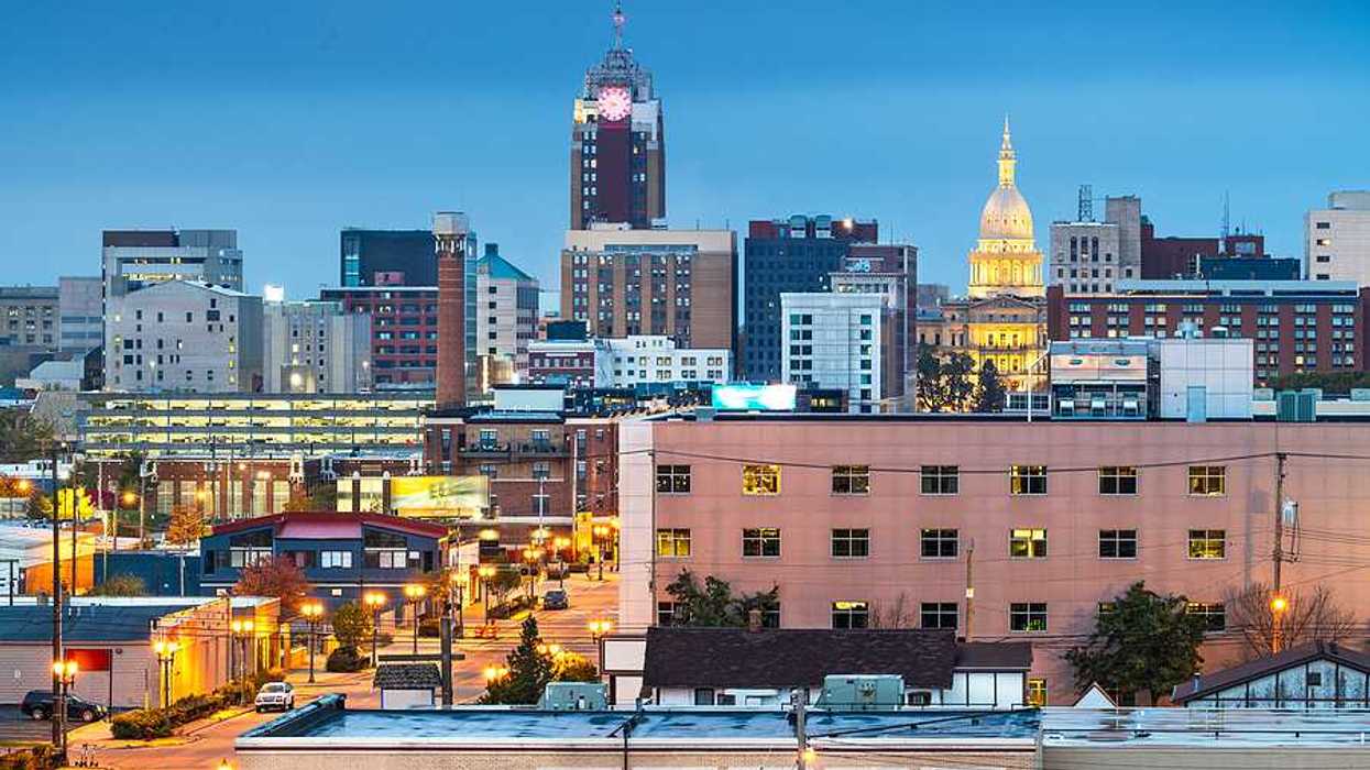 A view of downtown Lansing Michigan at dusk