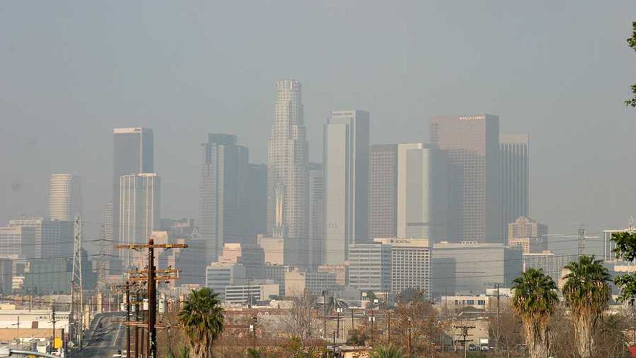 A view of downtown Los Angeles with smog and haze in the air