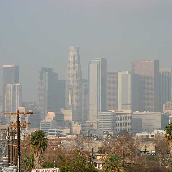 A view of downtown Los Angeles with smog and haze in the air
