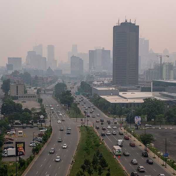A view of Montreal, Canada with wildfire smoke blanketing the city
