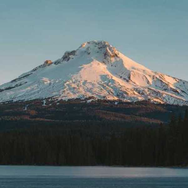A view of Mount Hood covered in snow in Oregon