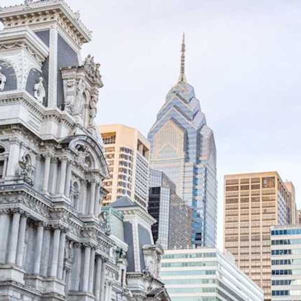 A view of part of the Philadelphia skyline with the city hall building up front