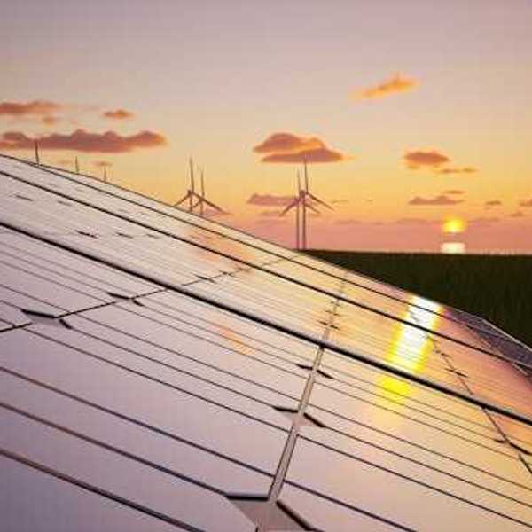 A view of solar panels and wind turbines with the sunset in the distance