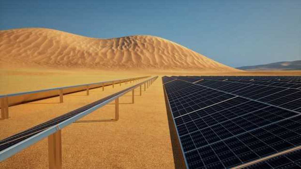 A view of solar panels in a desert setting