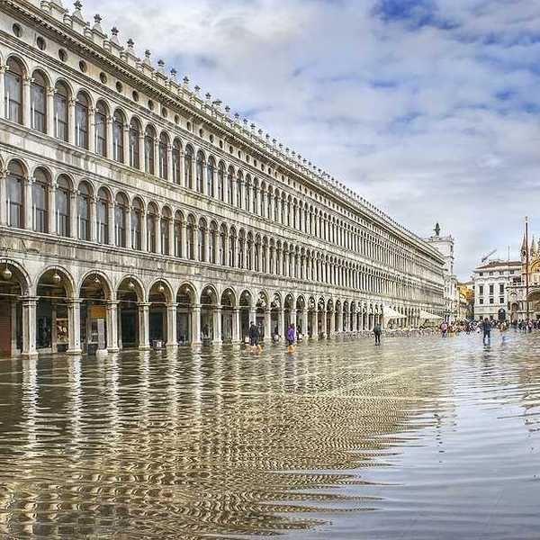 A view of St. Marks Square in Venice with floodwaters covering it