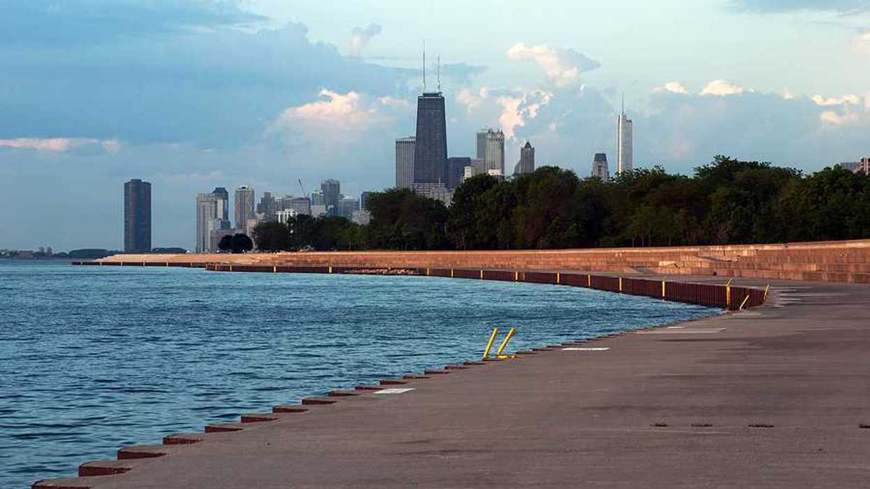 A view of the Chicago skyline with the lake in the foreground
