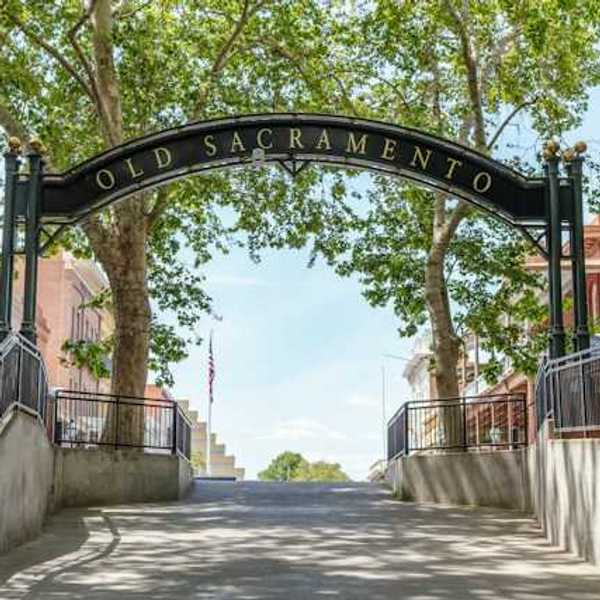A view of the entrance to Old Sacramento