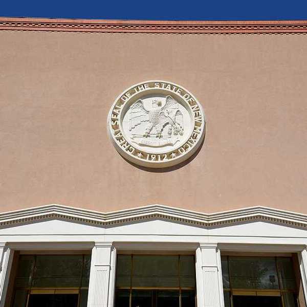 A view of the entrance to the New Mexico state house