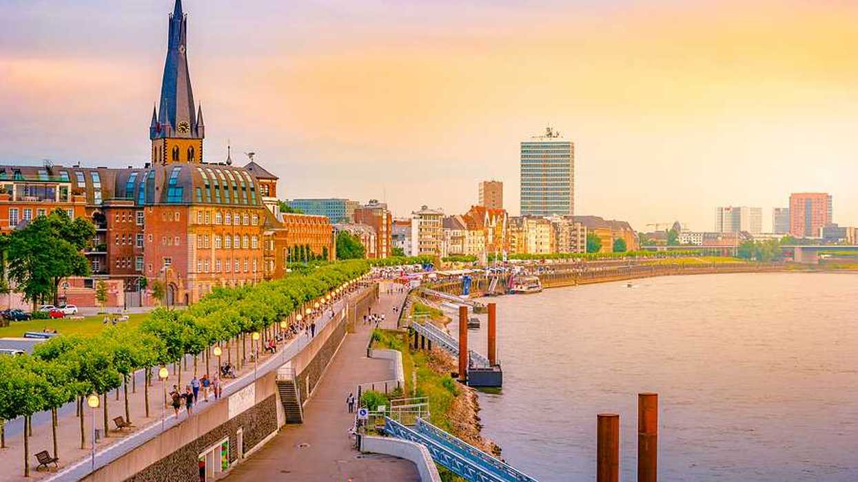 A view of the German city of Dusseldorf with the Rhine River flowing alongside it