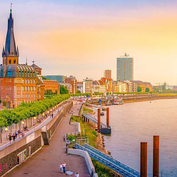 A view of the German city of Dusseldorf with the Rhine River flowing alongside it