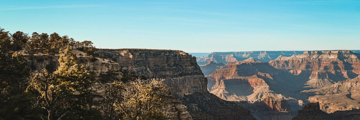 A view of the Grand Canyon from the rim on a sunny day.