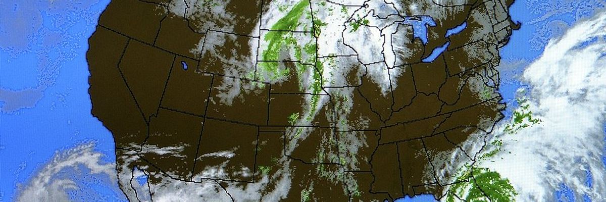 A view of the United States map with various weather systems shown.