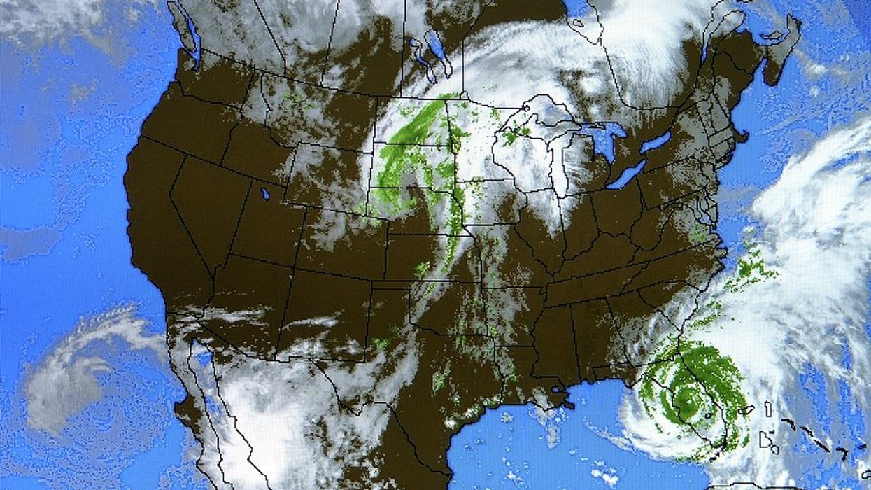 A view of the United States map with various weather systems shown.