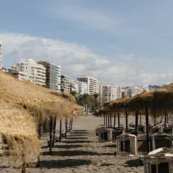 A view of umbrellas on a sandy beach with buildings in the background
