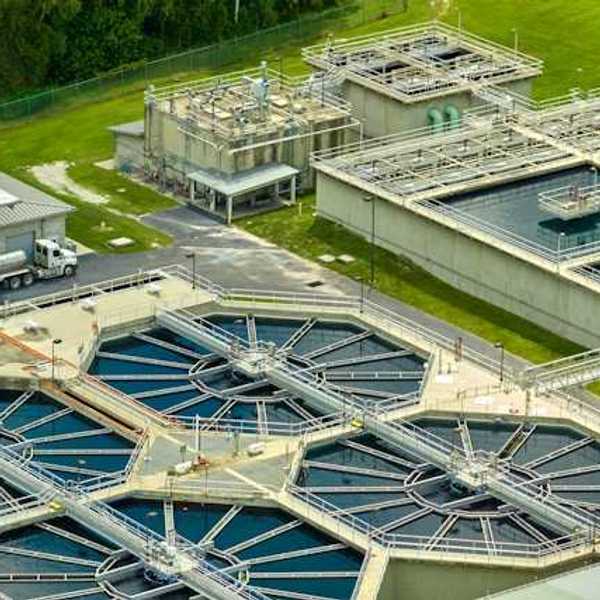 A wastewater treatment plant with various water treatment areas