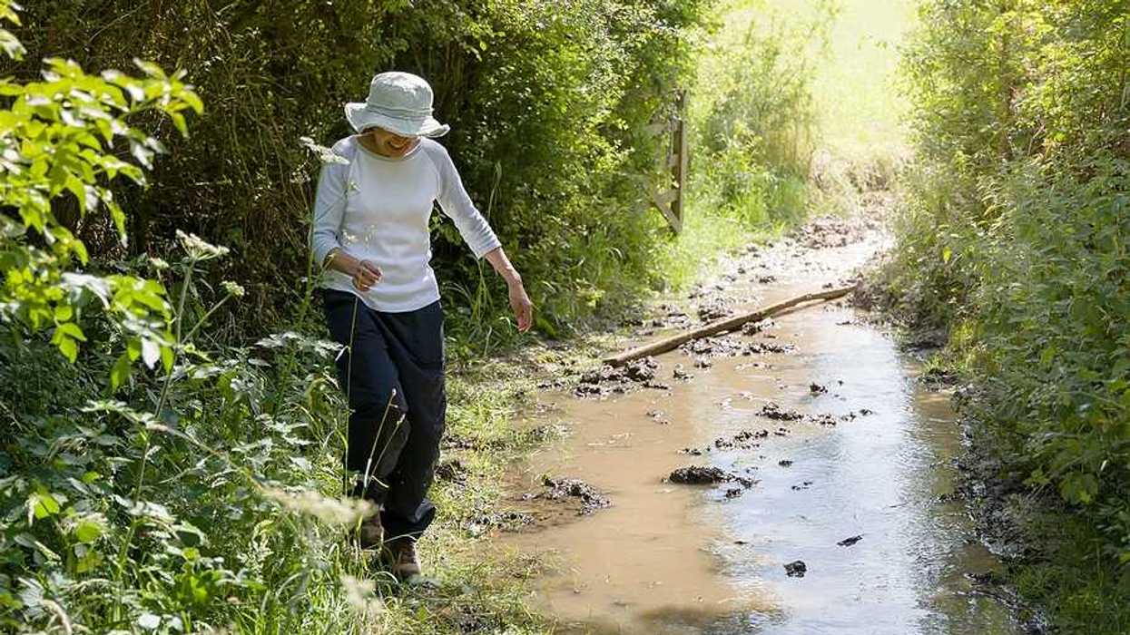 A woman hiking along a flooding stream