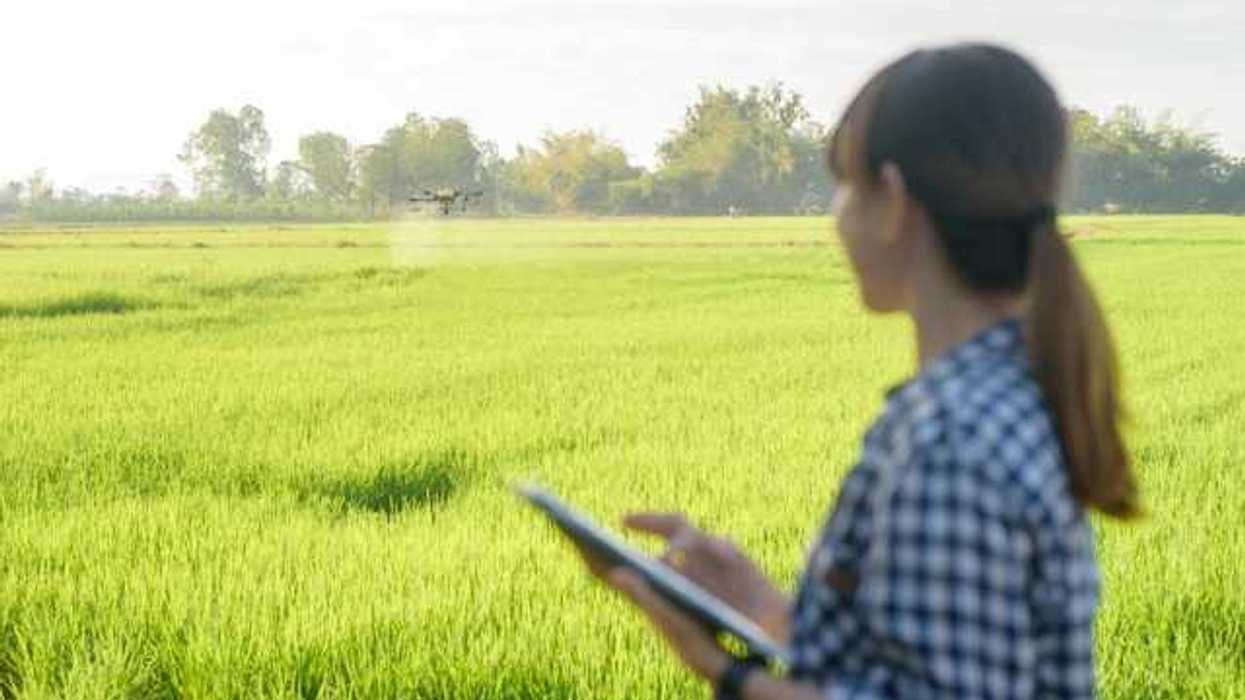 A woman holding a tablet looking out over a green farm field with a drone in the distance