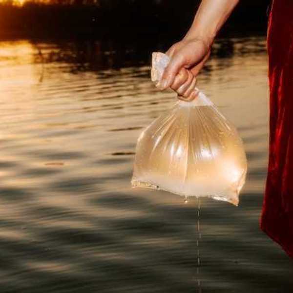 A woman in a red skirt holding a plastic bag full of water