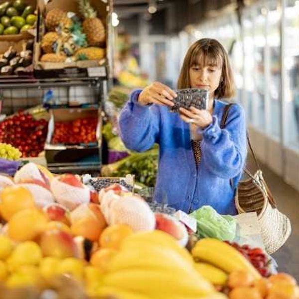 A woman looking at a container of berries in a grocery store
