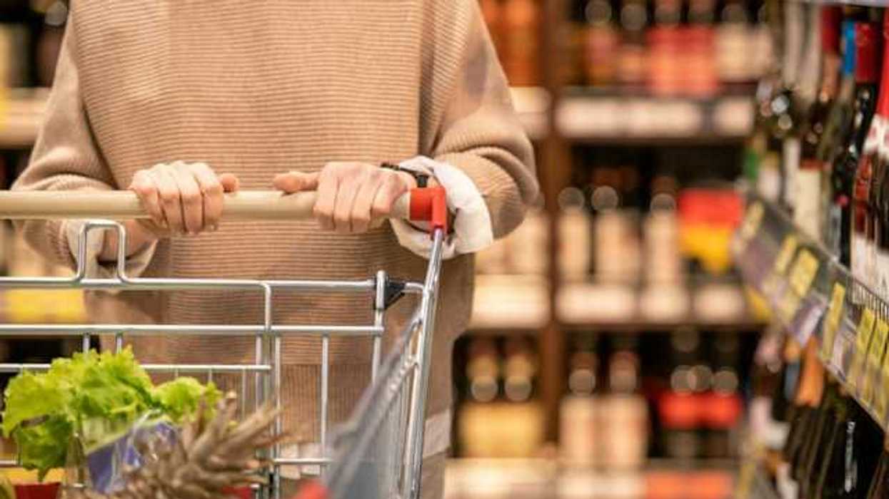 A woman pushing a shopping cart in a grocery store