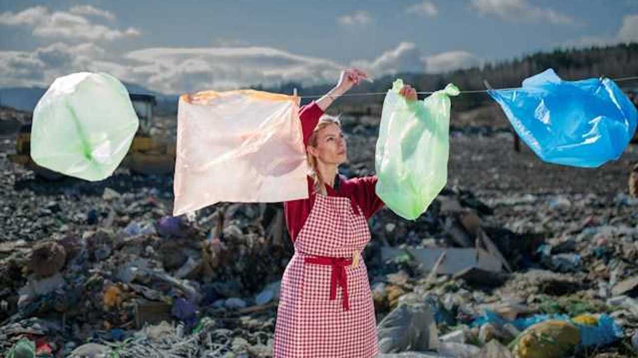 A woman standing in a trash dump hanging plastic bags on a laundry line