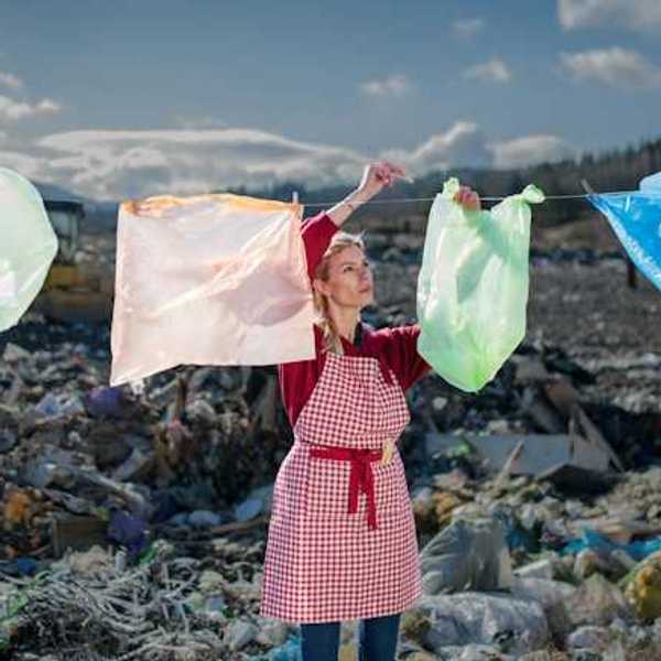 A woman standing in a trash dump hanging plastic bags on a laundry line