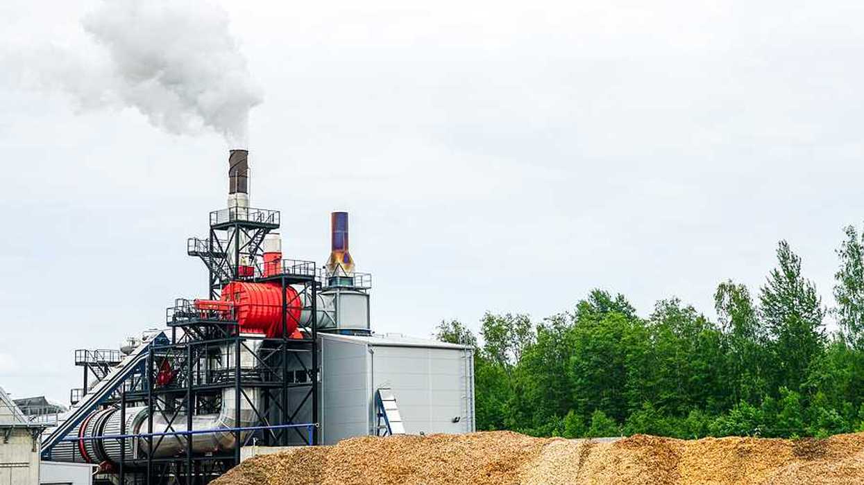 A wood pellet plant with a pile of wood pellets in front of an industrial machine