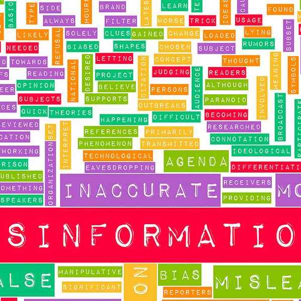 A word map with words like misinformation, misleading, and inaccurate in large type