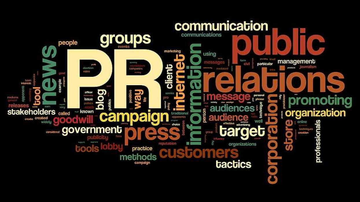 A word map with words like PR, public, communication, press, campaign among others