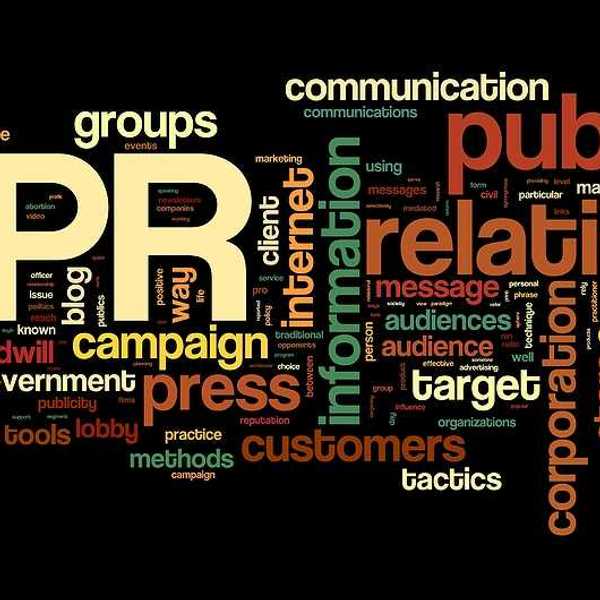 A word map with words like PR, public, communication, press, campaign among others