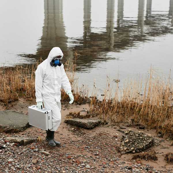 A worker in a Hazmat suit walking near a body of water