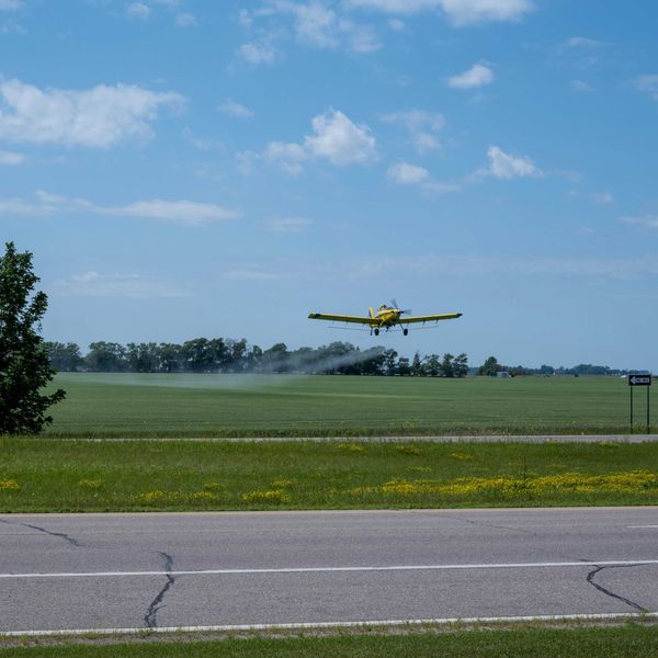 a yellow plane flying over a field spraying pesticides