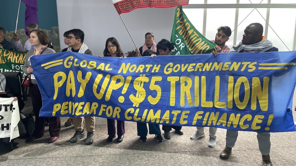 Activists hold up banners at COP29 about finance negotiations.
