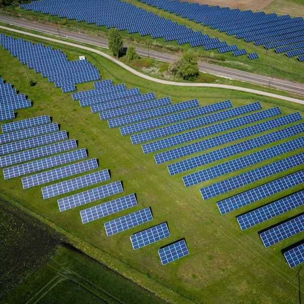 Aerial drone photo of a solar installation in rural countryside