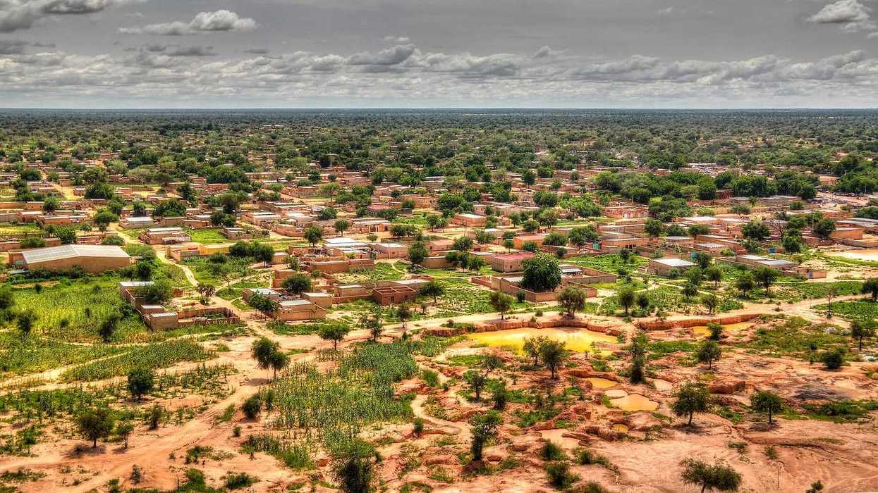 Aerial panoramic landscape view of Sahel and oasis at Dogondoutchi, Niger