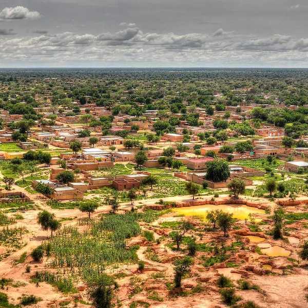 Aerial panoramic landscape view of Sahel and oasis at Dogondoutchi, Niger