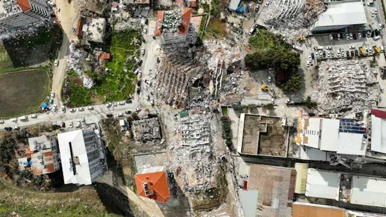 Aerial view of a city with lots of rubble