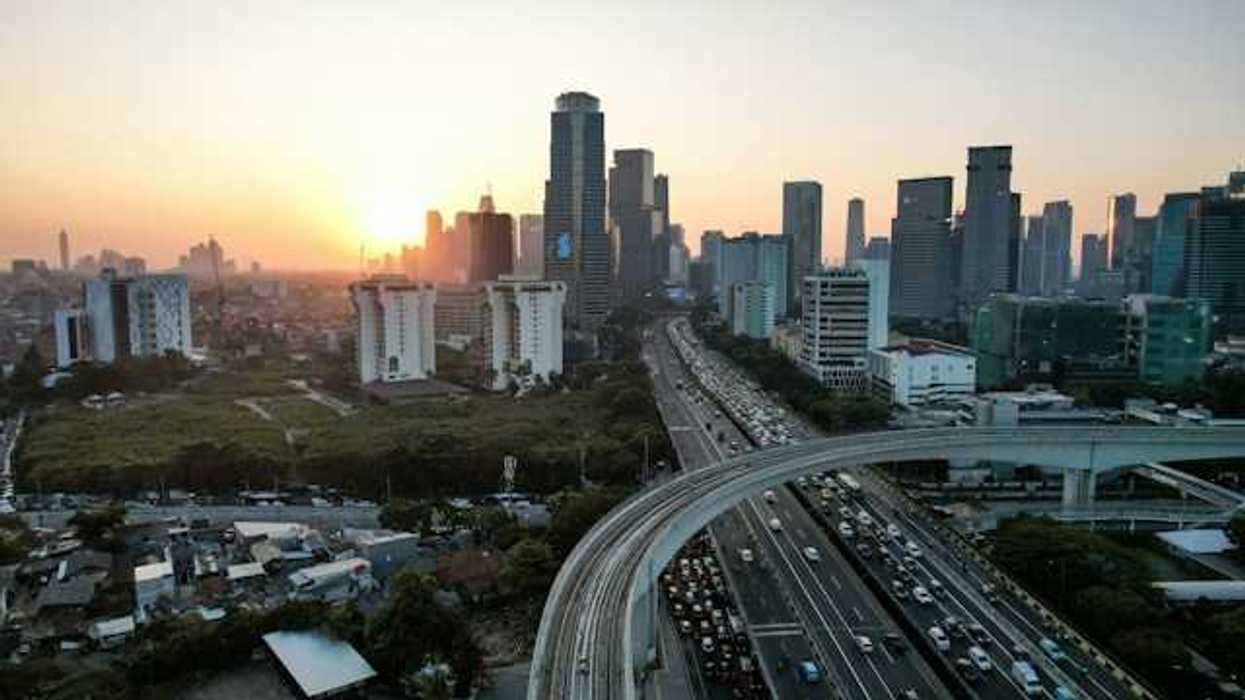 Aerial view of downtown Jakarta at sunset