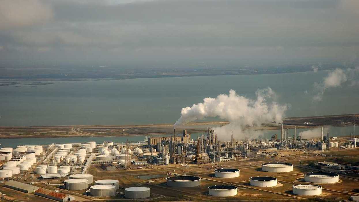 Aerial view of liquid storage tanks and the coast in Corpus Christi Texas