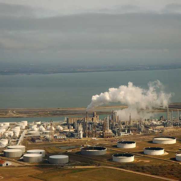 Aerial view of liquid storage tanks and the coast in Corpus Christi Texas