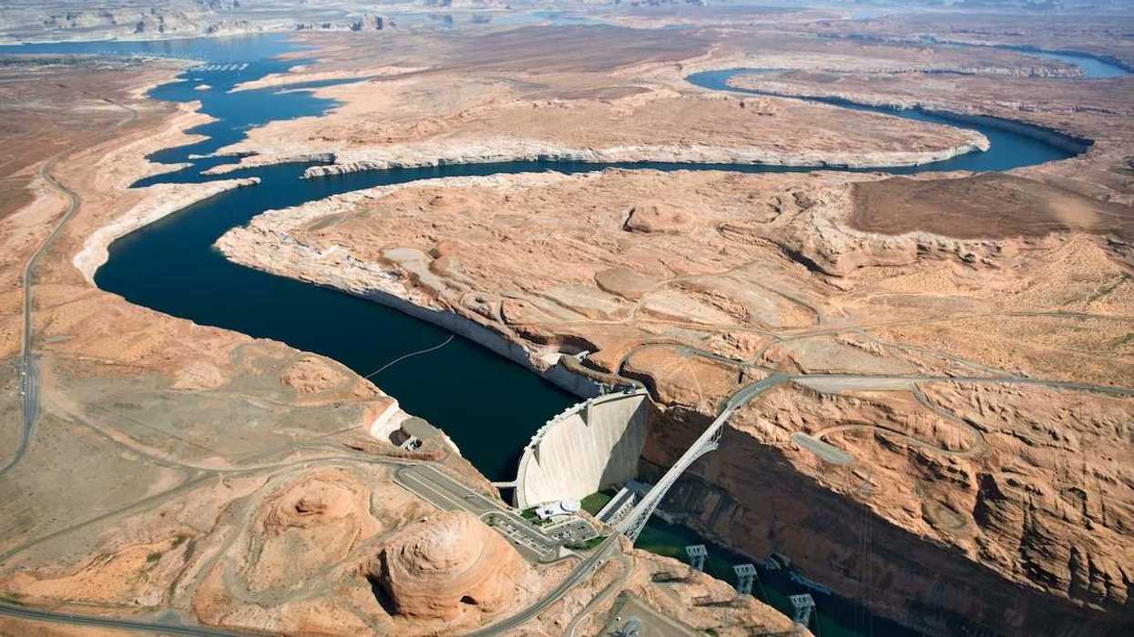 Aerial view of lower end of Lake Powell and Glen Canyon Dam