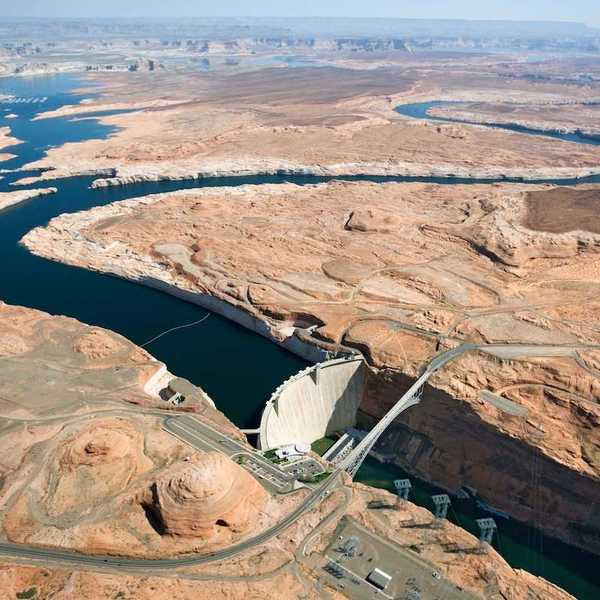 Aerial view of lower end of Lake Powell and Glen Canyon Dam