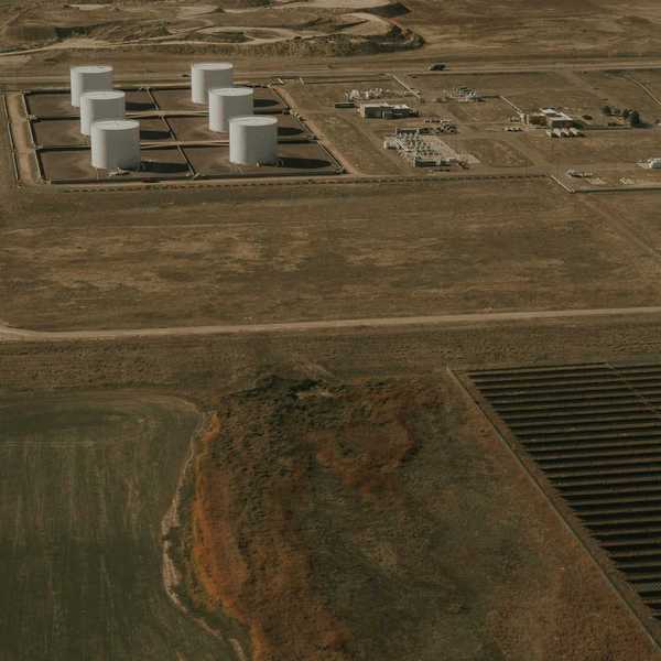Aerial view of oil storage tanks