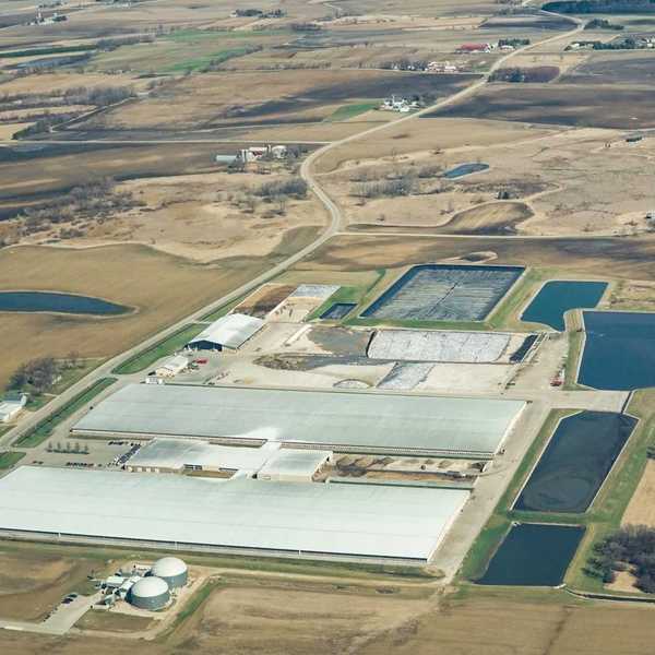 Aerial view of Rosendale Dairy, a CAFO (concentrated animal feeding operation) in Rosendale, Wisconsin.