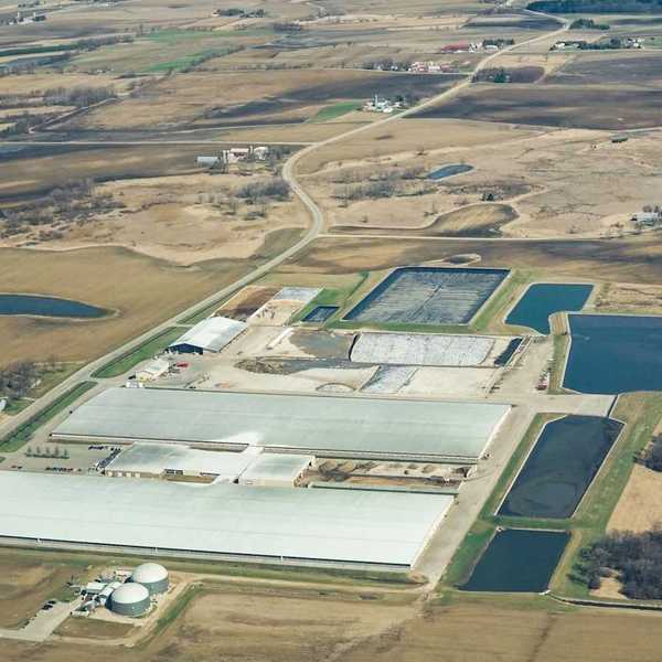 Aerial view of Rosendale Dairy, a CAFO (concentrated animal feeding operation) in Rosendale, Wisconsin.