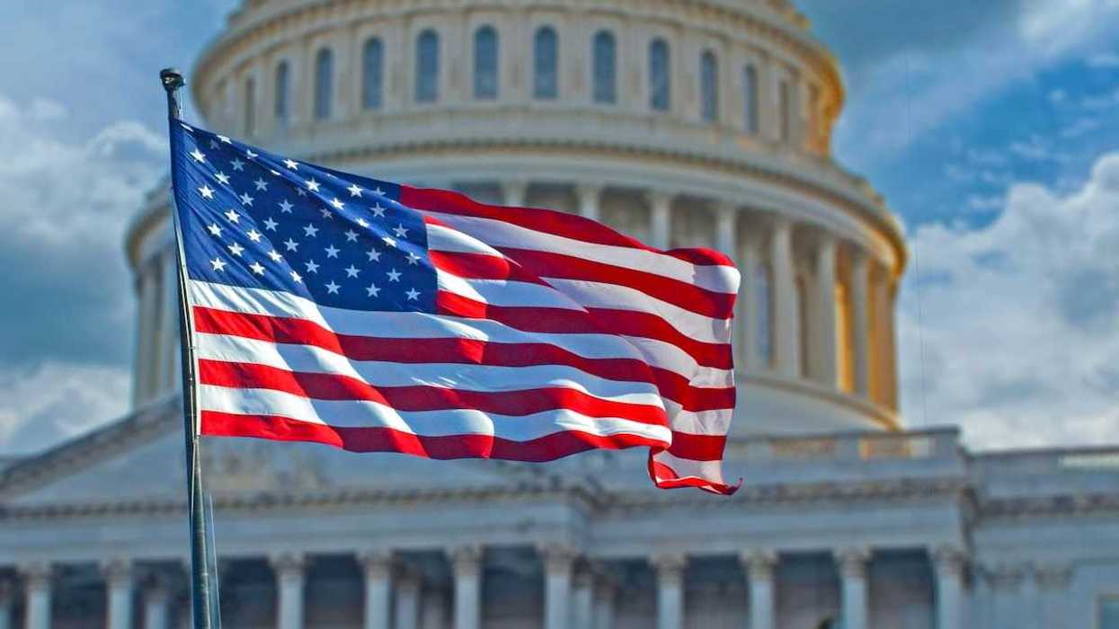 American flag superimposed against the U.S. capitol building.