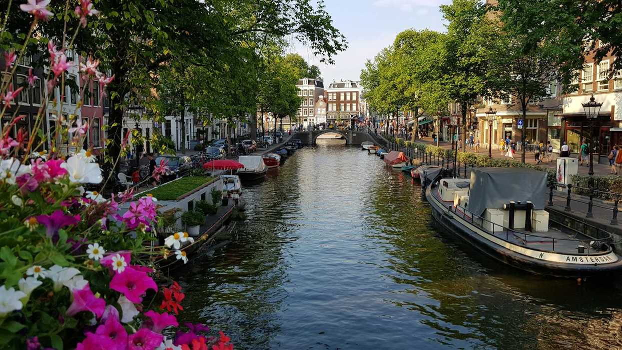 Amsterdam street-lined canal with flowers and personal watercraft