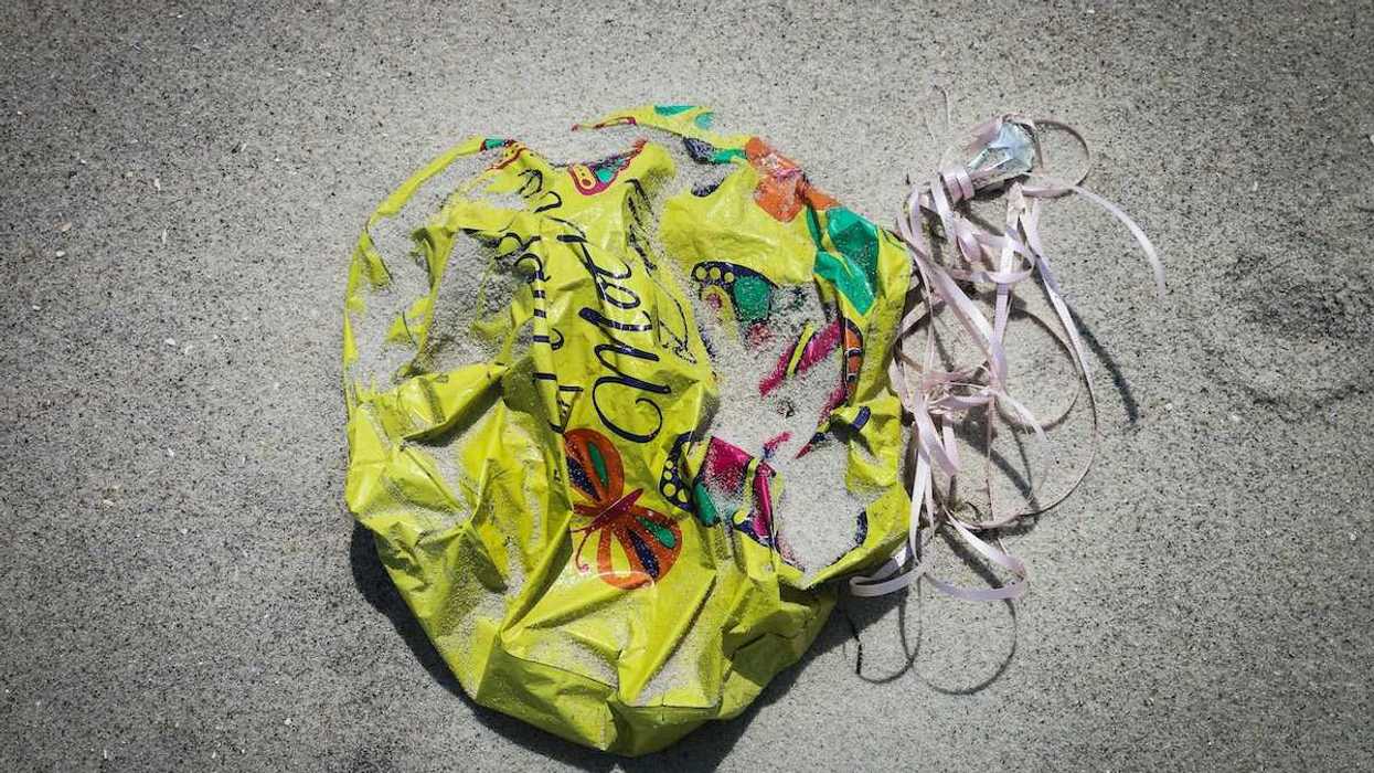 An abandoned, deflated, balloon mired in the sand